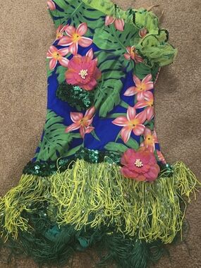 Girls Tropical Flower Hula Costume Dress - Green & Blue